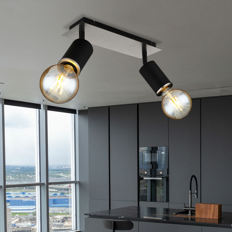 foto del prodotto plafoniera, lampada da soggiorno, 2 fiamme, spot orientabili, legno, metallo nero, 2 attacchi e27, lxpxh 31x10x18 cm