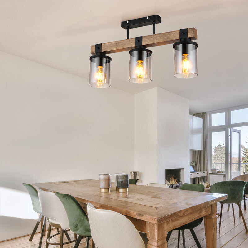 foto del prodotto plafoniera, lampada in legno, lampada per sala da pranzo, soggiorno, 3 fiamme, effetto legno di campagna, marrone, vetro fum , nero, 3 prese e27,