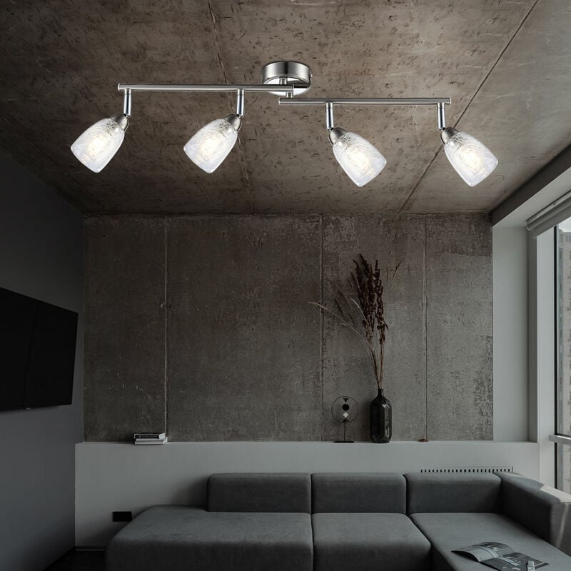 foto del prodotto plafoniera, lampada soggiorno, spot bar, plafoniera cromata, sala da pranzo, faretti mobili in vetro design crackle, 4x led 3w 250lm 3000k, lxh 60x