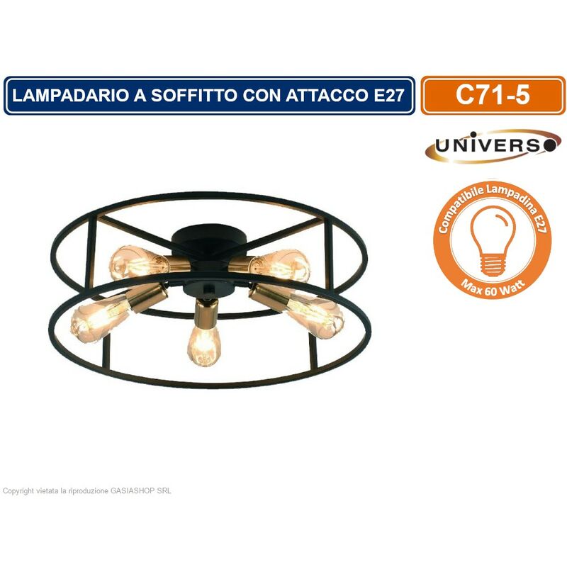 foto del prodotto plafoniera lampadario da soffitto circolare stile industriale con 5 attacchi per lampadine e27