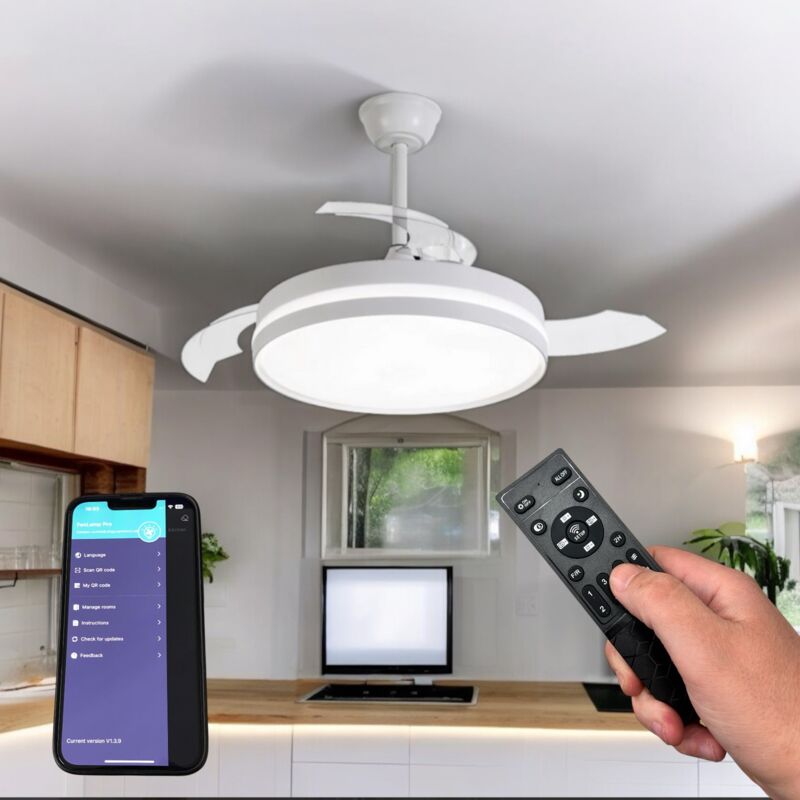 foto del prodotto plafoniera lampadario moderno a led con ventilatore eliche a scomparsa da soffitto cambia 3 luci telecomando 60w gestibile da telecomando e app