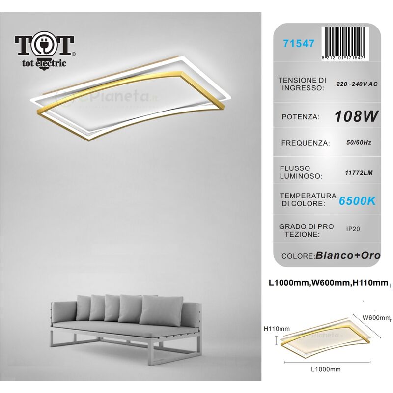foto del prodotto plafoniera led 108w rettangolare oro design moderno lampadario da soffitto luce bianco naturale bianco freddo