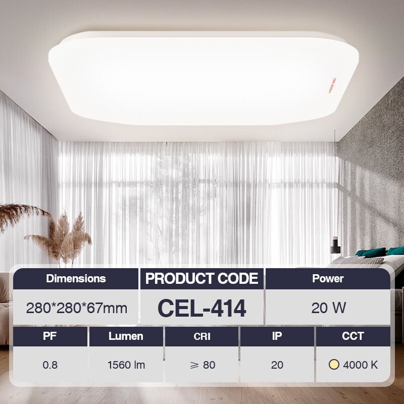 foto del prodotto plafoniera led 20w 4000k bianco ip20 1560lm cri 80 ugr 27 pf0.8 garanzia 3anni 280mmx280mmxh67mm kosoom