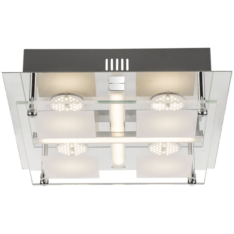 foto del prodotto plafoniera led 4 faretti plafoniera soggiorno moderna, vetro cromo, led 18w 1260lm bianco caldo, lxlxh 24x24x7 cm