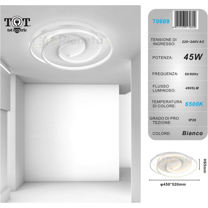 foto del prodotto plafoniera led 45w cerchio spirale vortice bianco lampadario da soffitto moderno luce fredda naturale bianco freddo
