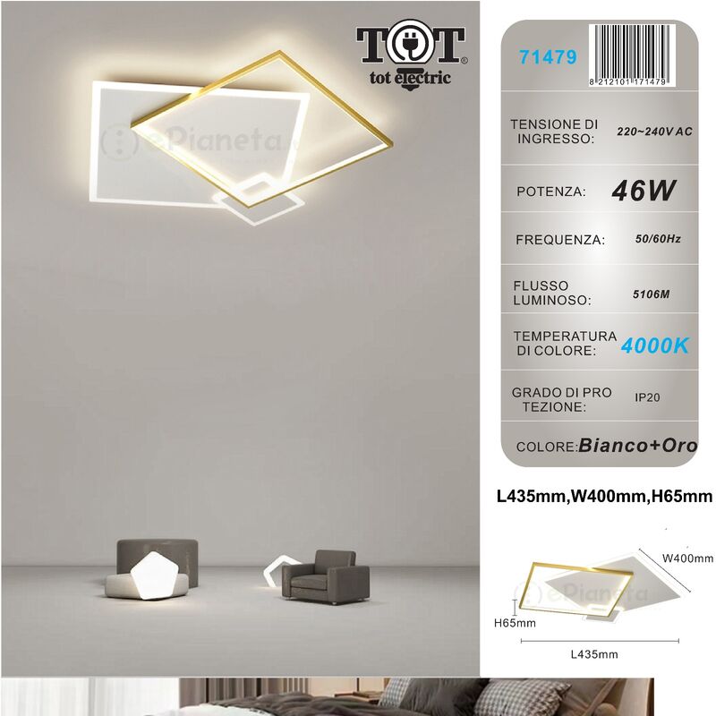 foto del prodotto plafoniera led 46w quadrato oro design moderno lampadario soffitto luce bianco naturale naturale