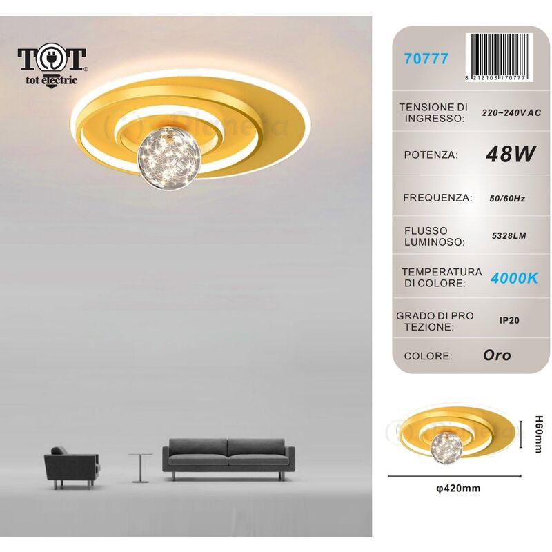 foto del prodotto plafoniera led 48w cerchio spirale oro con sfera lampadario da soffitto design moderno tondo luce fredda naturale naturale