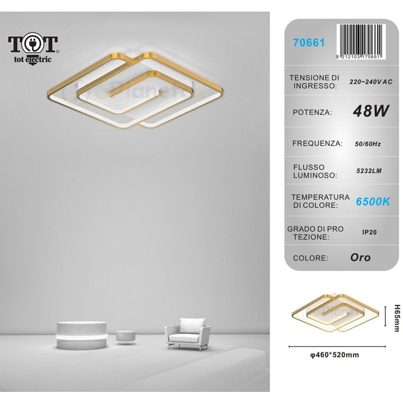 foto del prodotto plafoniera led 48w quadrata spirale vortice oro lampadario da soffitto moderno luce fredda naturale bianco freddo