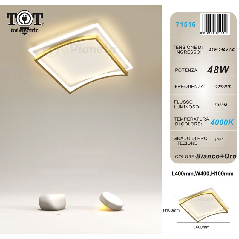 foto del prodotto plafoniera led 48w quadrato bianco oro design moderno lampadario da soffitto luce fredda naturale naturale