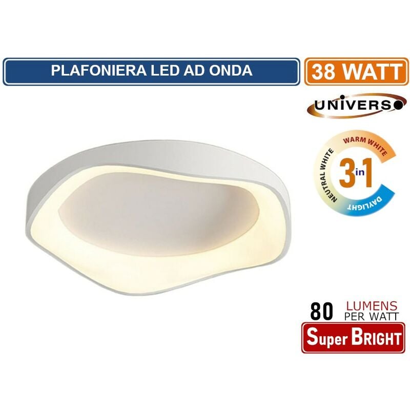 foto del prodotto plafoniera led a onda bianco motaggio a soffitto 38w colorazione luce 3in1 cct 3000k 4000k 6500k