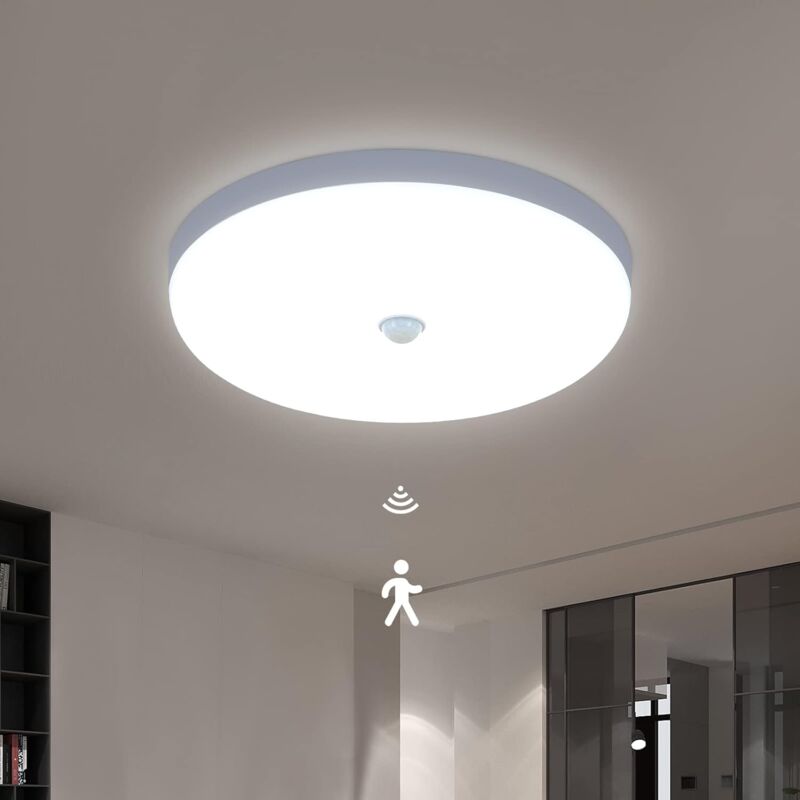 foto del prodotto plafoniera led con sensore di movimento, 30w 6600k cool white light modern ceiling lamp, 25cm white round ceiling light for kitchen, hallway,