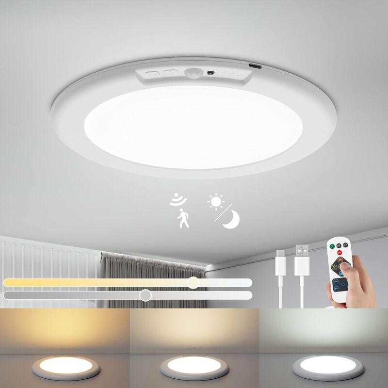 foto del prodotto plafoniera led con sensore di movimento, plafoniera wireless ricaricabile da 6000 mah con telecomando, lampada da soffitto rotonda 19cm 3000k-6500k