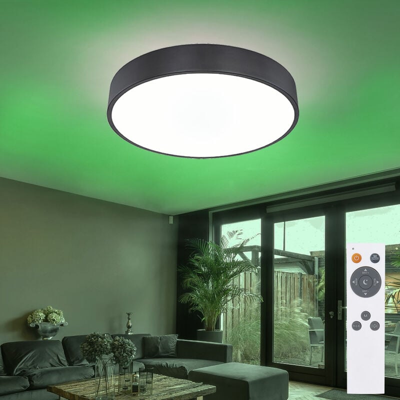 foto del prodotto plafoniera led con telecomando plafoniera nera dimmerabile, retroilluminazione con funzione memory cambia colore cct, 1x led 48w 2500 lm 1x rgb 4w