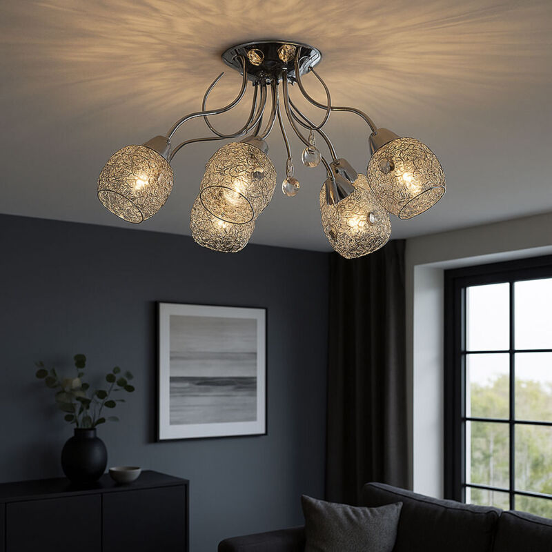 foto del prodotto plafoniera led cromo cristallo punto luce lampada da soffitto cristalli 5 lampadine, rete cromata, 5x 8w 600lm bianco caldo, dxh 54x22 cm