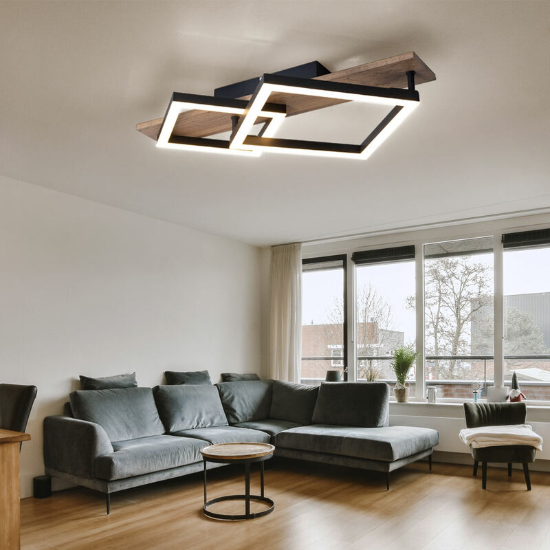 foto del prodotto plafoniera led design lampada da soggiorno lampada da sala da pranzo, metallo nero effetto legno plastica, 18w 1050lm 3000k bianco caldo, l 47,5 cm