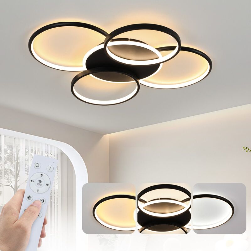 foto del prodotto plafoniera led dimmerabile da 70 w per soggiorno con telecomando, nera, 5 anelli, moderna lampada da soffitto in acrilico per camera da letto,