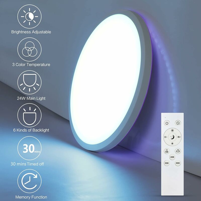 foto del prodotto plafoniera led dimmerabile, lampada da soffitto moderna rgb 24w, apparecchio di illuminazione impermeabile retroilluminazione a 6 colori, plafoniera