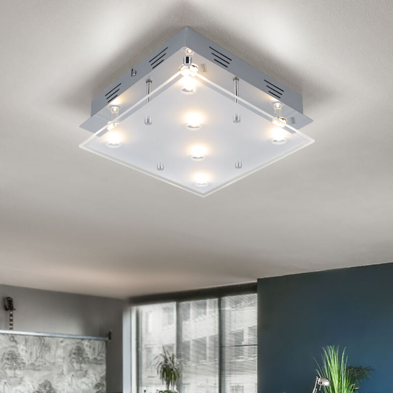 foto del prodotto plafoniera led in acciaio spazzolato da soffitto lampada da soggiorno in vetro satinato 6 lampadine, metallo, 6x 3w 6x 210lm bianco caldo, lxh 30x8 cm
