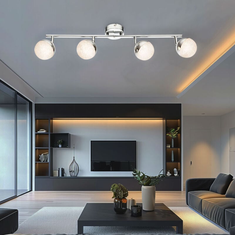 foto del prodotto plafoniera led in cristallo con striscia spot, sfere cromate, girevoli, 4x 5w 300lm bianco caldo, lxpxh 60x8,5x17,5 cm