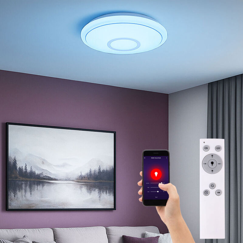 foto del prodotto plafoniera led intelligente per camera da letto con telecomando, lampada da soffitto dimmerabile, funzione luce notturna cambia colore circuito cct,
