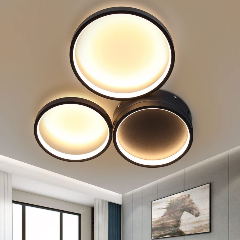 foto del prodotto plafoniera led lampada da camera da letto bianca calda nera con 3 anelli design 22w lampada da soggiorno moderna decorazione per soggiorno camera