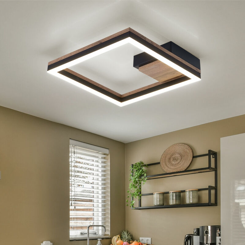 foto del prodotto plafoniera led legno soggiorno plafoniera design nero, metallo mdf, 12w 600lm bianco caldo, lxlxh 27x27x5,4 cm