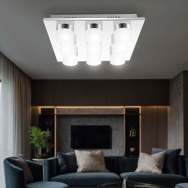foto del prodotto plafoniera led moderna da soggiorno lampada da soffitto cromata anelli satinati, 9x 4w 370lm bianco caldo, lxlxh 36x36x8 cm