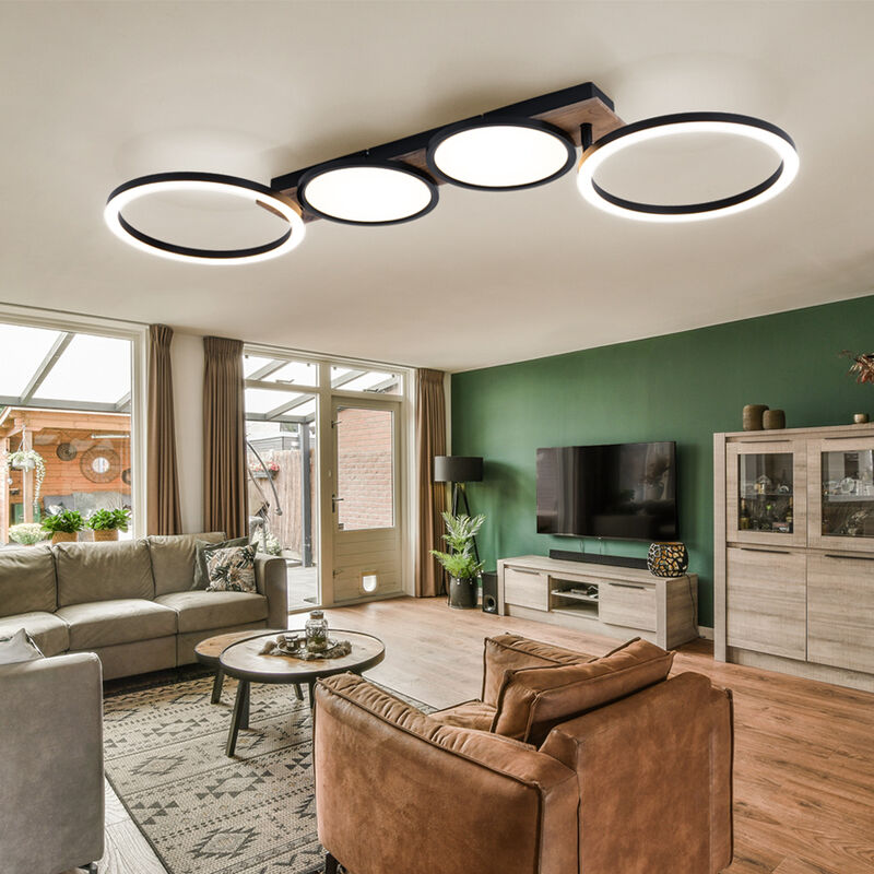 foto del prodotto plafoniera led plafoniera effetto legno lampada da soggiorno nera con elementi mobili, metallo, 38w 2300lm bianco caldo, lxpxa 108,5x30x11 cm