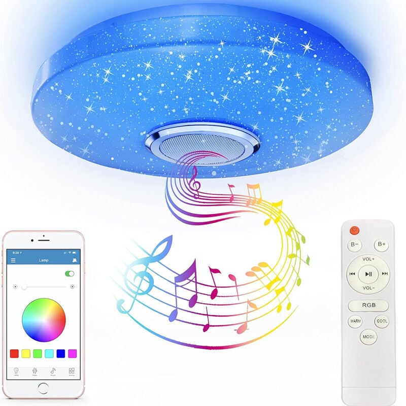 foto del prodotto plafoniera led rgb da 36 w con altoparlante bluetooth, lampada da soffitto da 12 pollici con cambio colore freddo caldo bianco con app e telecomando,