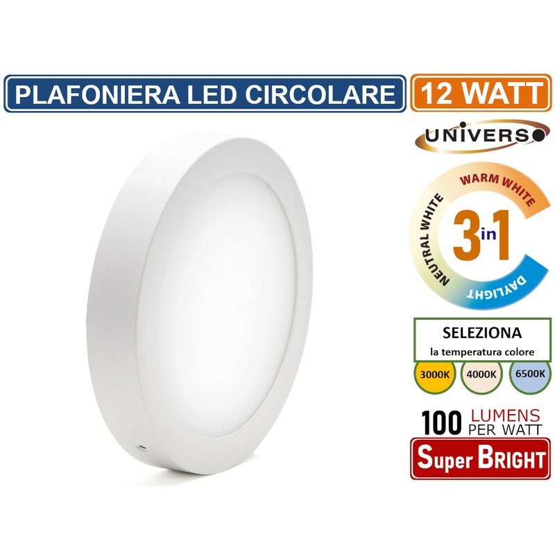 foto del prodotto plafoniera led rotonda circolare 12w smd ip20 bianca colore luce 3 in 1 selezionabile cct universo