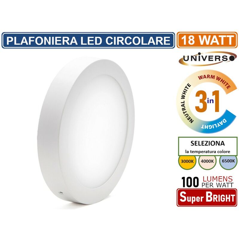 foto del prodotto plafoniera led rotonda circolare 18w smd ip20 bianca colore luce 3 in 1 selezionabile cct universo