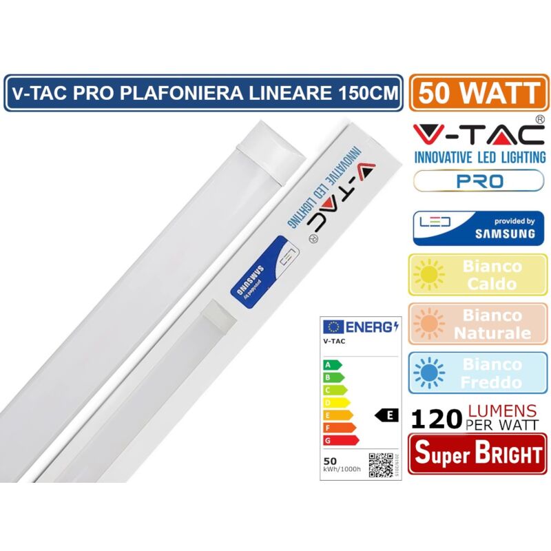 foto del prodotto plafoniera led v tac 20354 vt 8 50 chip samsung 150cm 50w 4000k