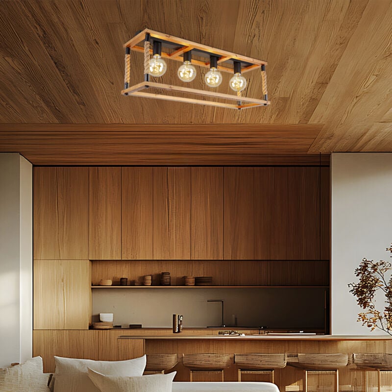 foto del prodotto plafoniera, legno, lampada da pranzo, soffitto, corda di canapa, lampada da soffitto, struttura in legno, metallo, nero, colore naturale, 4 luci e27,