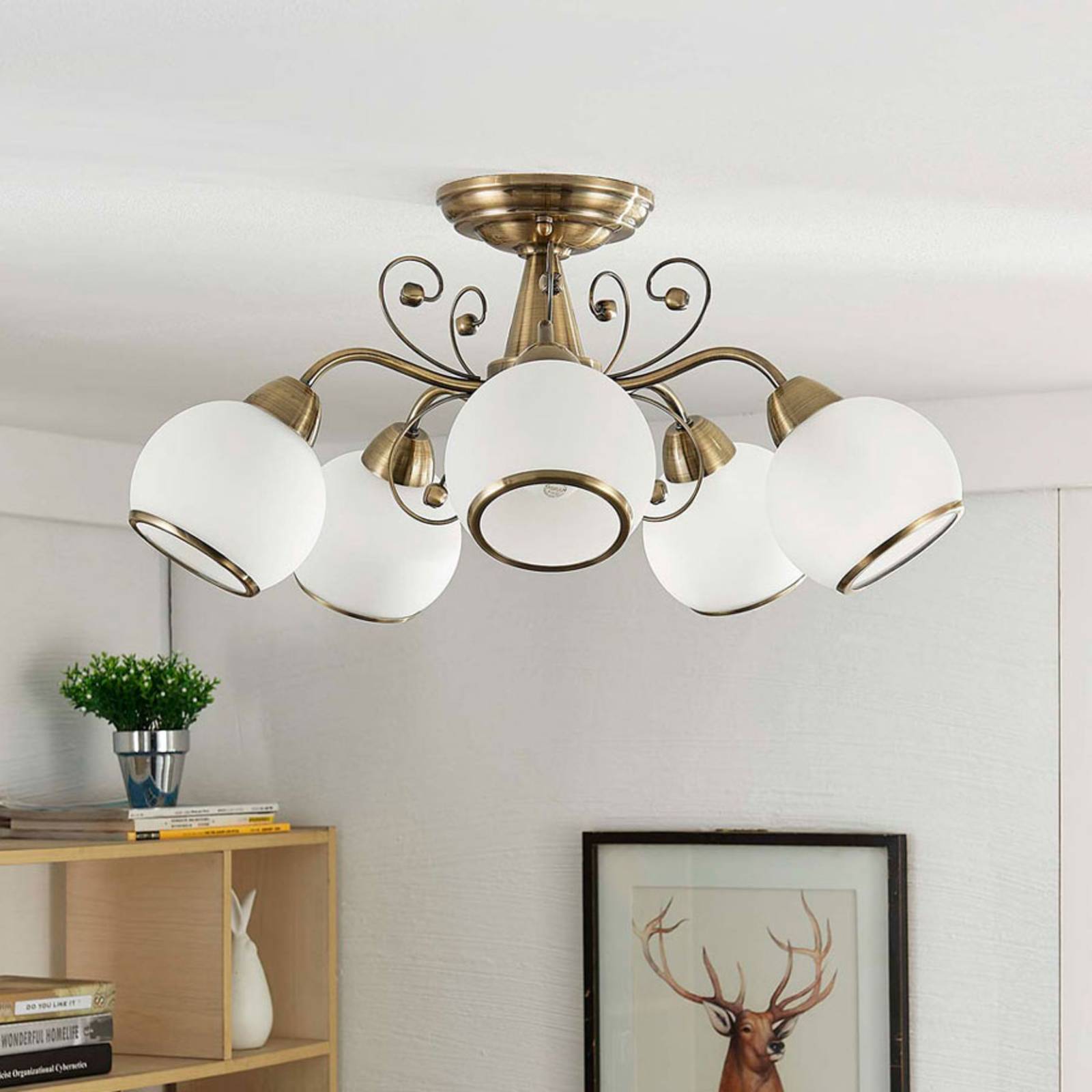 foto del prodotto plafoniera lindby corentin, a 5 luci, bianco ottone, vetro