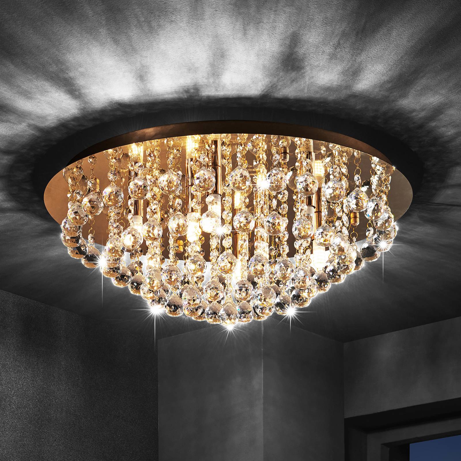 foto del prodotto plafoniera lindby gillion, a 8 luci, oro, cristallo, 55 cm