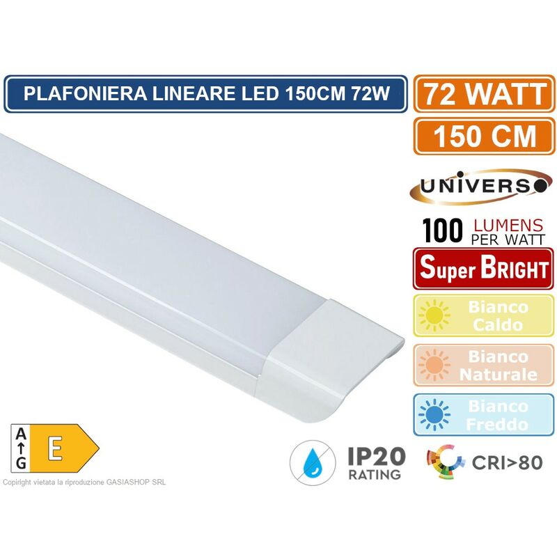 foto del prodotto plafoniera lineare led universo alta luminosita 7200 lumen 150cm 72w ip20 3000k 4000k 6500k colore luce bianco caldo