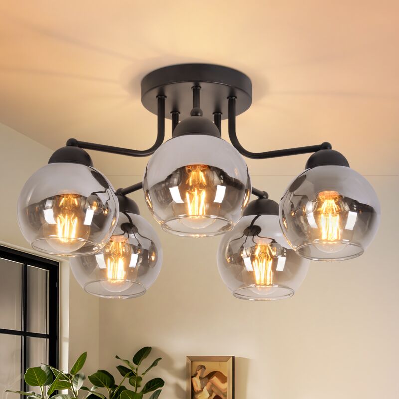 foto del prodotto plafoniera nera a 5 luci lampada da soffitto vintage e27 per soggiorno, stile industriale, illuminazione a soffitto a sfera, lampada da cucina in