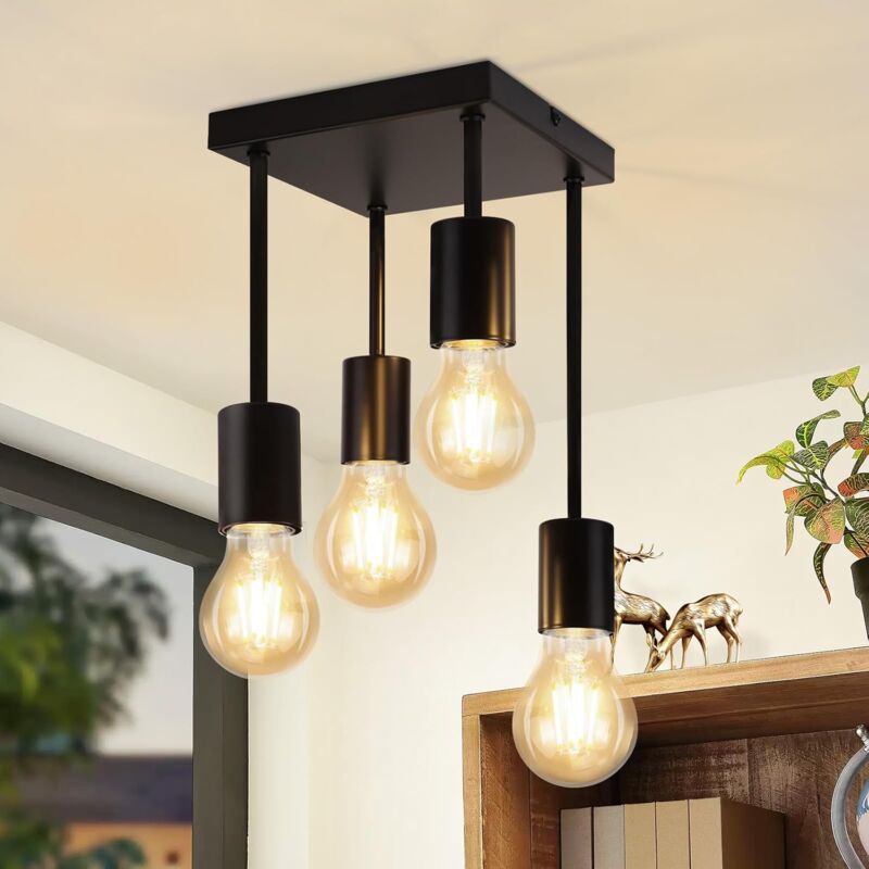 foto del prodotto plafoniera nera vintage gbly lampada da cucina e27 4 fiamme plafoniera industriale a sospensione in metallo retr per cucina corridoio camera da