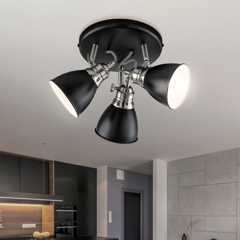 foto del prodotto plafoniera, nero faretto da soffitto, lampada da soggiorno retr , 3 fiamme, faretto, faretto orientabile, metallo cromato, 3 attacchi e14, pxh 35x22cm