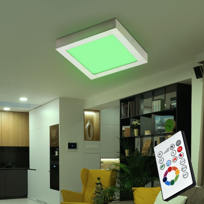 foto del prodotto plafoniera nichel soggiorno luce pannello soffitto dimmerabile, led rgb quadrato telecomando, led 6w 480lm 3000k bianco caldo, lxpxh 22.5x22.5x3.5cm