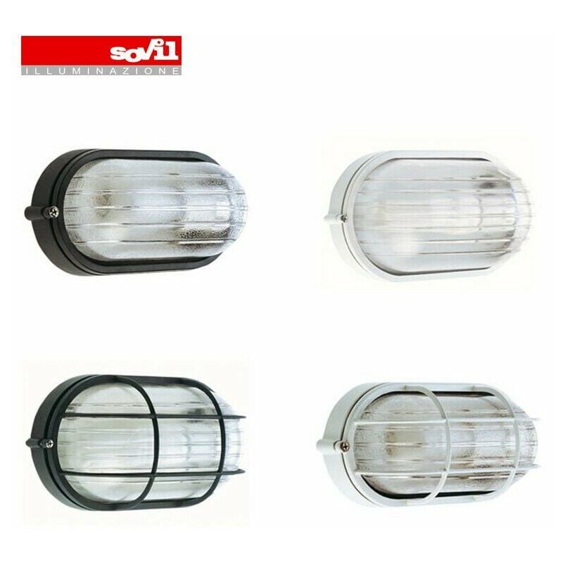 foto del prodotto plafoniera ovale muro da esterno lampada parete gabbia illuminazione luce sovil colore nero con gabbia formato piccola h 21.3