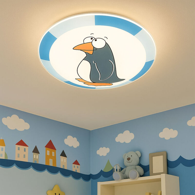 foto del prodotto plafoniera per cameretta dei bambini lampada da soffitto pinguino bambini blu plafoniera da parete, vetro acciaio, 1x e27, p 25 cm eglo 94457