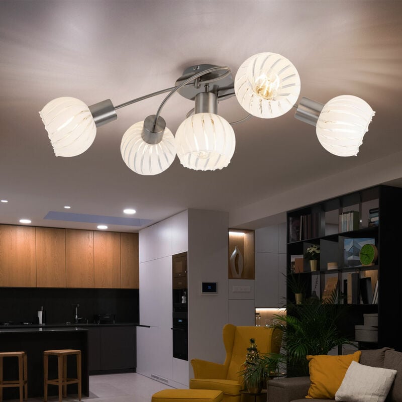 foto del prodotto plafoniera plafoniera faretto faretto lampada da soggiorno, 5 fiamme vetro bianco trasparente metallo nichel, attacchi e27, lxlxh 69x43x24cm