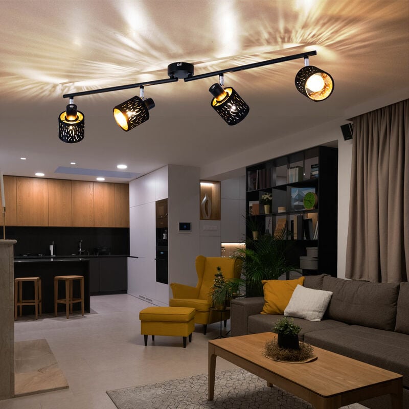 foto del prodotto plafoniera plafoniera faretto faretto striscia lampada da soggiorno, 4 faretti mobili, paralumi in metallo nero velluto oro, attacchi e14, lxh 84x16cm