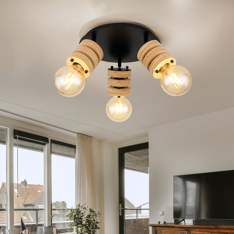 foto del prodotto plafoniera plafoniera faretto lampada in legno luce in legno, faretti mobili 3 lampadine, metallo nero legno naturale, attacchi e27, dxh 28x17,5cm