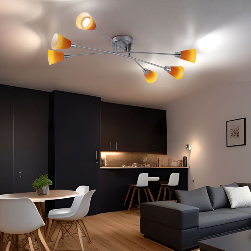 foto del prodotto plafoniera plafoniera faretto lampada soggiorno camera da letto, 6 fiamme, nichel cromo opaco vetro giallo arancio, 6x gu10 9w 420lm 2700k, hxlxp