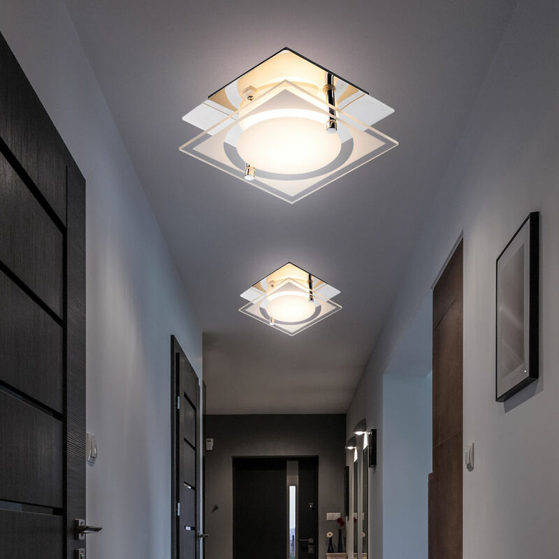 foto del prodotto plafoniera, plafoniera quadrata, lampada da corridoio cromata, vetro satinato, 1x led 6w 400lm bianco neutro, lxpxh 12 x 12 x 7 cm