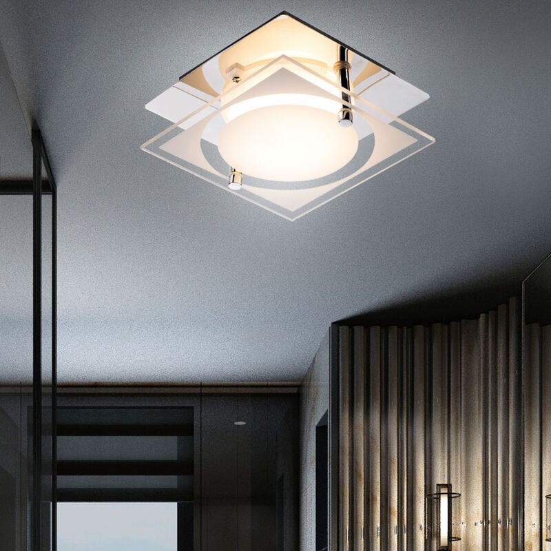 foto del prodotto plafoniera quadrata, lampada da soffitto cromata, lampada da corridoio, vetro satinato, 1x led 6w 400lm bianco neutro, lxpxa 12 x 12 x 7 cm