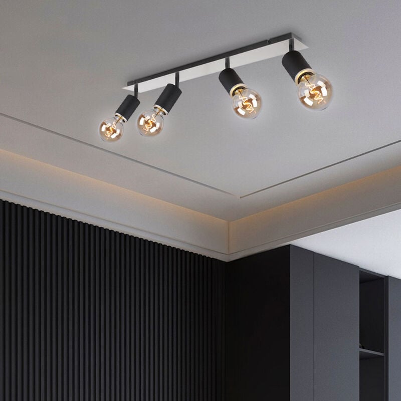 foto del prodotto plafoniera, quattro faretti, faretto da soffitto, barra spot orientabile, nero, metallo, legno, 4x prese e27, lxlxh 80x10x18 cm
