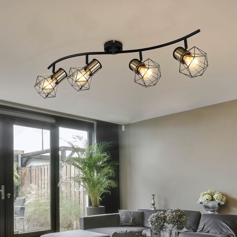 foto del prodotto plafoniera retr faretto da soffitto nero 4 fiamme plafoniera vintage soggiorno ottone, paralumi a gabbia, metallo, 4xe27, lxpxh 80x22,5x19 cm